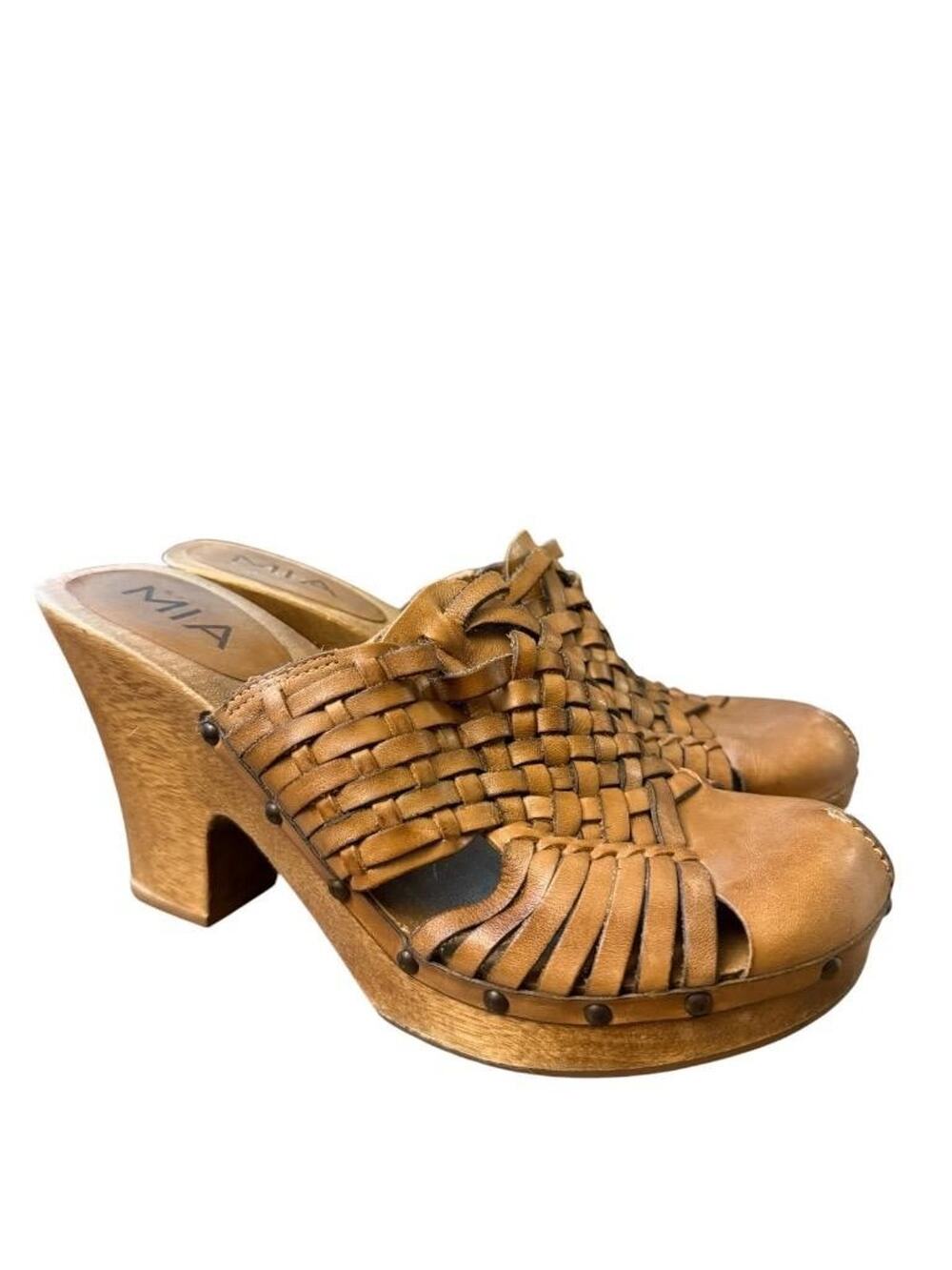 Vintage MIA Woven Leather Wood Clog Women size 9
